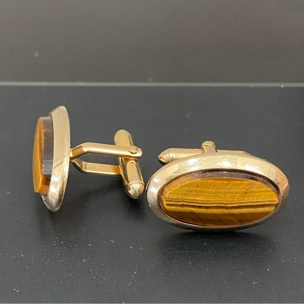 Vintage Unsigned Gold-tone Tiger’s Eye Oval Cufflinks